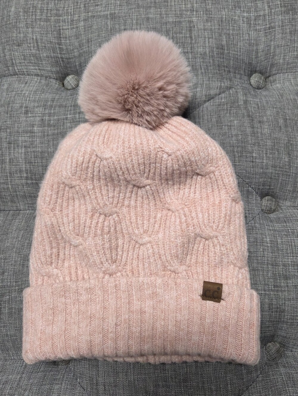 C.C. Thick Pink Cable Knit Pom Pom Beanie